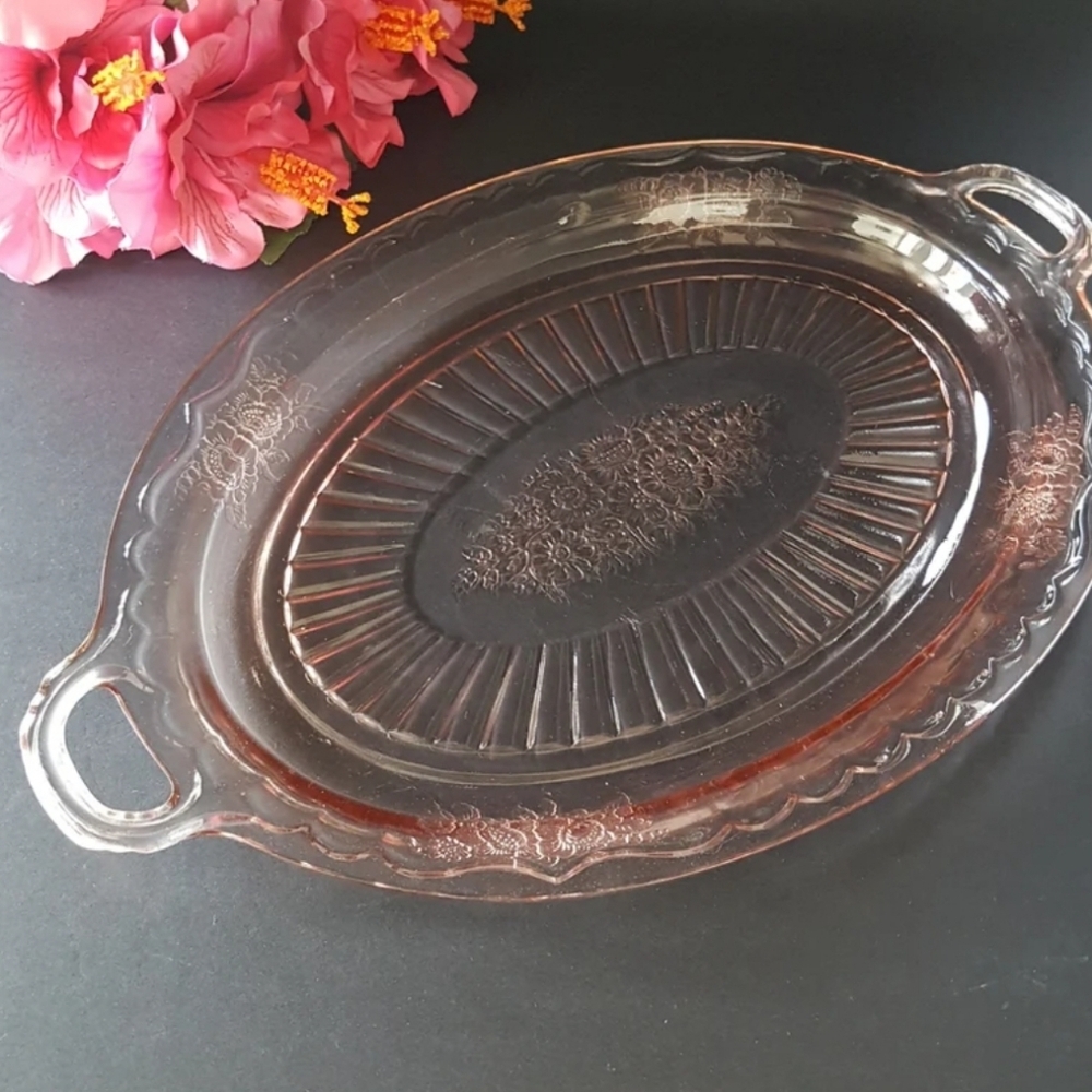 Anchor Hocking MAYFAIR OPEN ROSE Pink Depression Glass 13 Inch Oval Platter FLAW